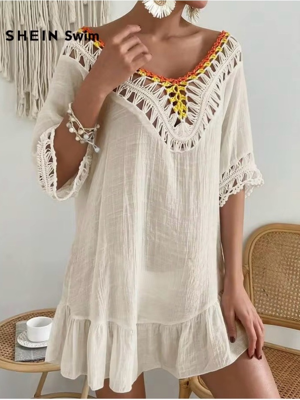 SHEIN Cream Crochet-Trim Mini Dress with Orange & Yellow Accents - Picture 2 of 15